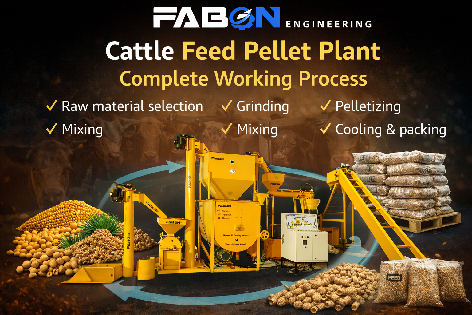Cattle Feed Pellet Plant: Complete Working Process Raw material selection Grinding Mixing Pelletizing Cooling & packing